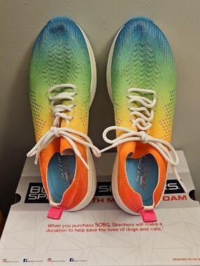 Skechers BOBS SPORT Knit Lace-Up Sneakers - Blue Green Yellow Orange Size 8.5